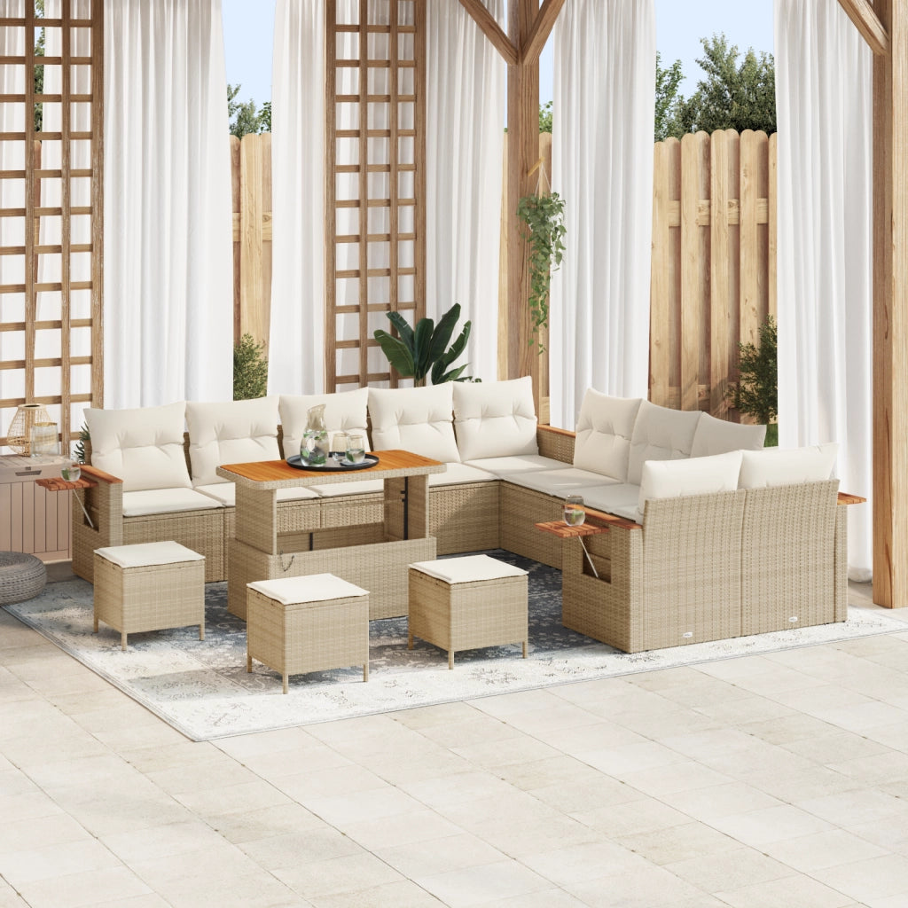 Set Divano Giardino 14 Pezzi con Cuscini Beige Polirattan Acacia