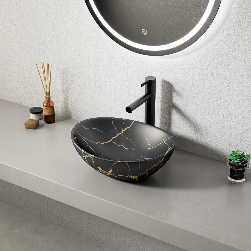 Lavabo da appoggio in ceramica, nero opaco con venature marmorizzate, ovale, 41x34,5 cm