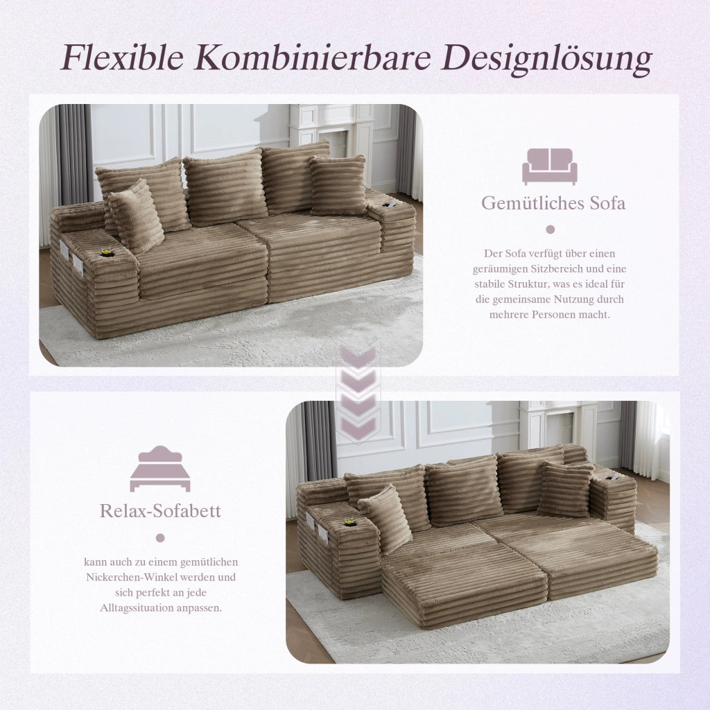 Divano letto componibile in tessuto a coste con schienale alto, cuscini, tasche laterali e portabicchieri, khaki