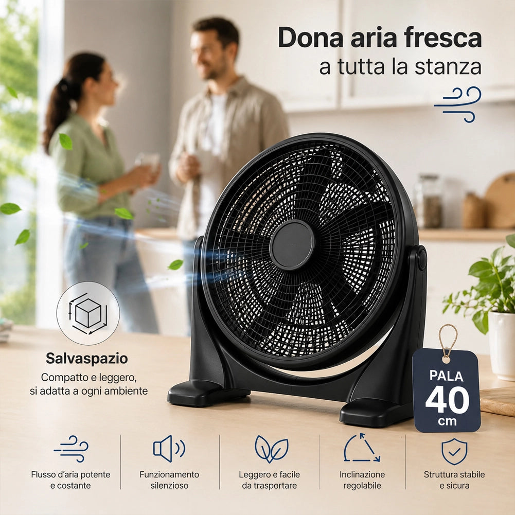 Ventilatore da Pavimento 51 cm Nero Pala 40 cm Base Anti Ribaltamento 3 Velocità