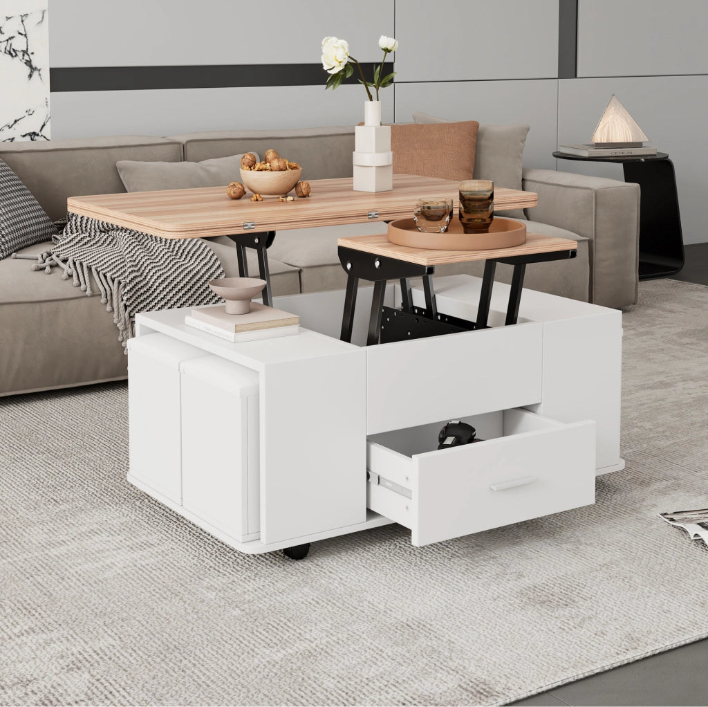 Tavolino trasformabile 100x50x45 cm con alzata idraulica; 4 sgabelli contenitore; legno; bianco naturale