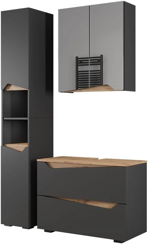 Set di mobili da bagno Marelle, Verde/Artigianale, 60 cm, composto da mobile sottolavabo, specchiera, colonna, base media e pensile