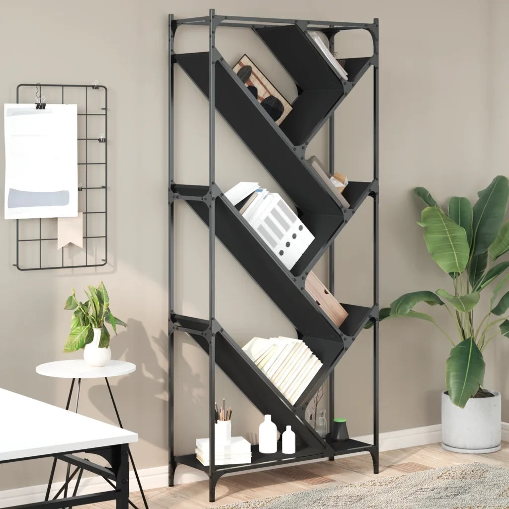 Libreria-Scaffale per Libri-Mobile di Stoccaggio Nera 79x30x180 cm in Legno Multistrato e Metallo