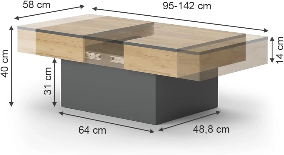 Tavolino Boto, Antracite/quercia dorata, 95 x 58 cm Estensibile, estendibile e pieghevole per un utilizzo flessibile negli ambienti domestici