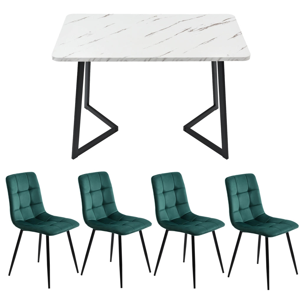 Tavolo da pranzo rettangolare con 4 sedie set moderno in MDF e velluto verde per cucina e soggiorno compatto