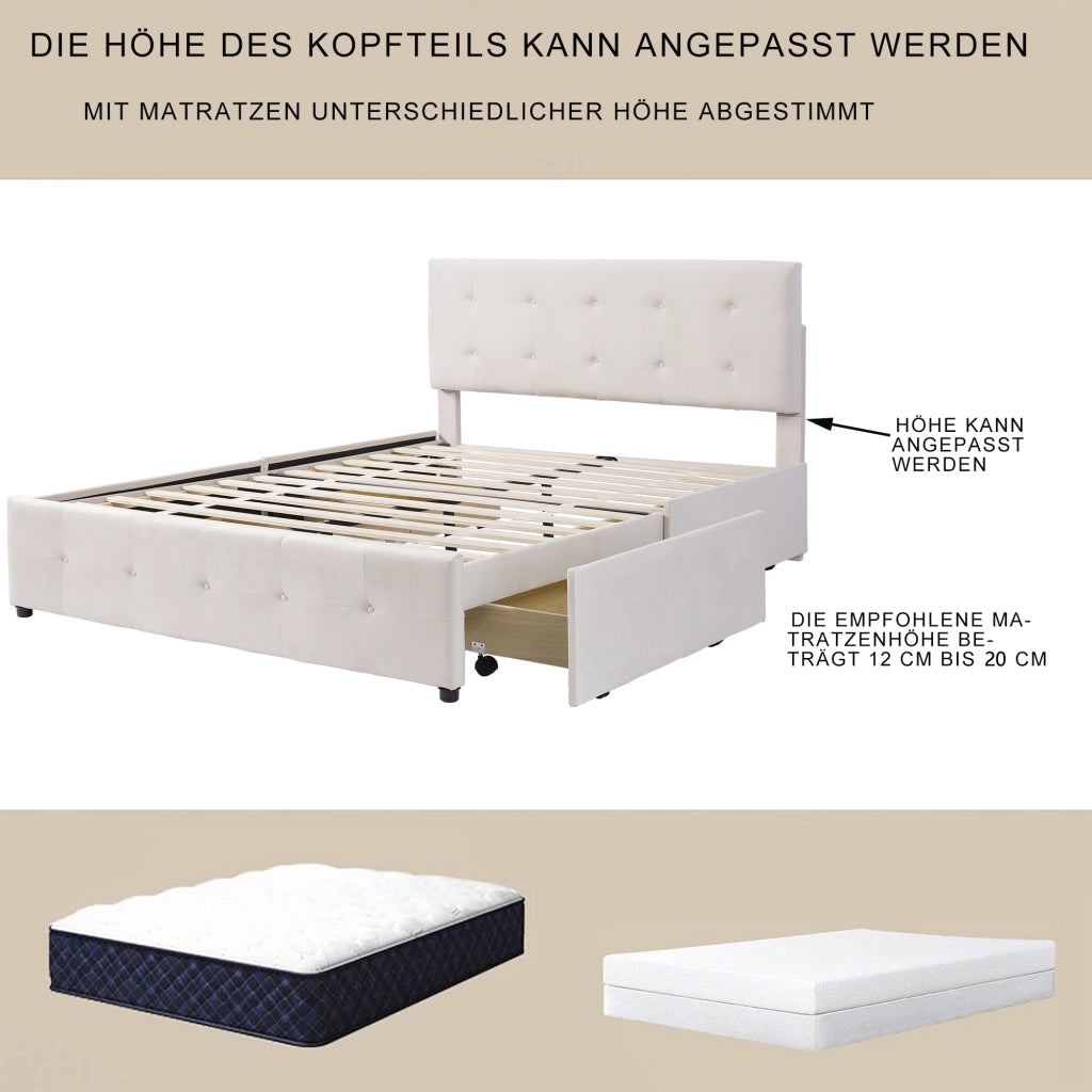 Letto con Cassetti 140x200 cm; Letto Matrimoniale; 4 Cassetti in Velluto Beige