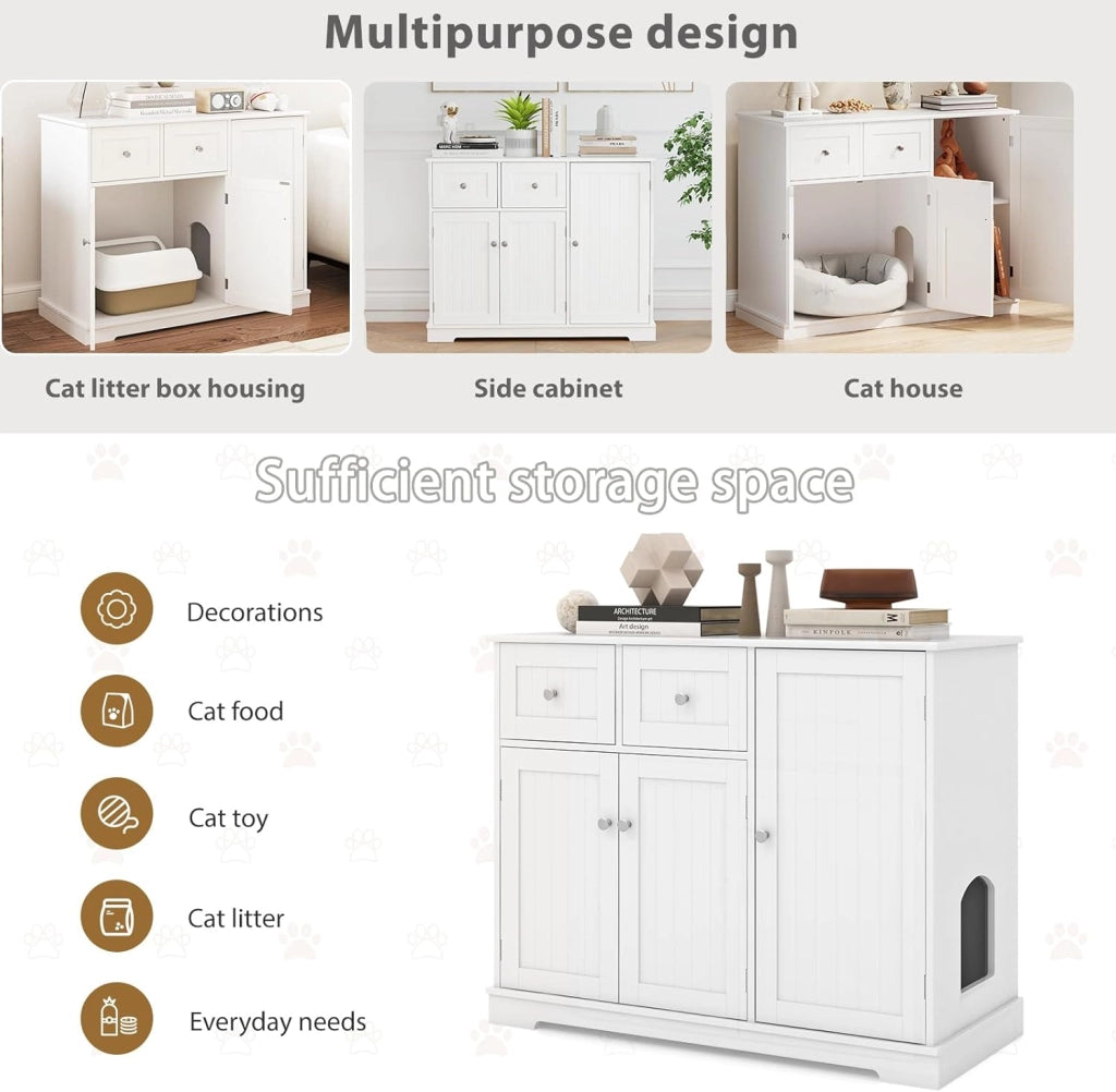 Maison de Toilette Chat, Mobile per Lettiera per Gatti con 2 Cassetti, 3 Ante e Ingresso Laterale e Dispositivo Anti-Rovesciamento, per Interni, 100 X 45 X 80 CM, Bianco