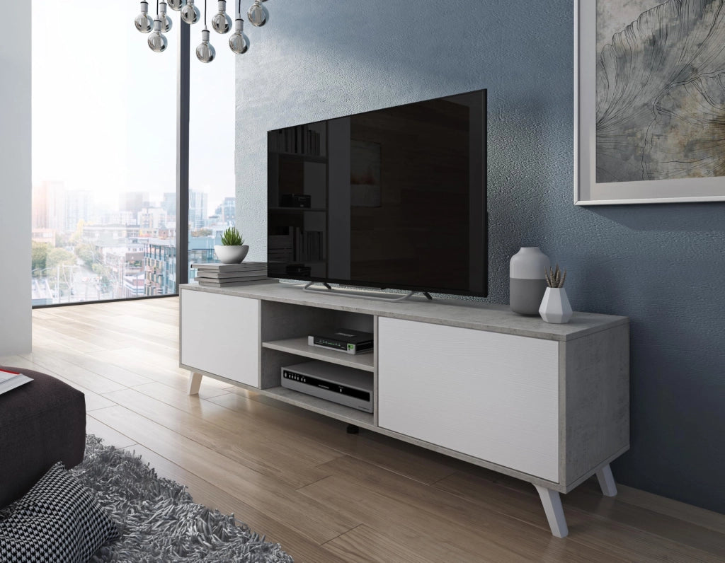 Mobile TV Per Soggiorno Con 2 Ante Battenti Ripiani Centrali Aperti Gambe Stile Scandinavo Per Televisori Fino A 75 Pollici 180 X 39,6 X 49 Cm Grigio Cemento E Bianco