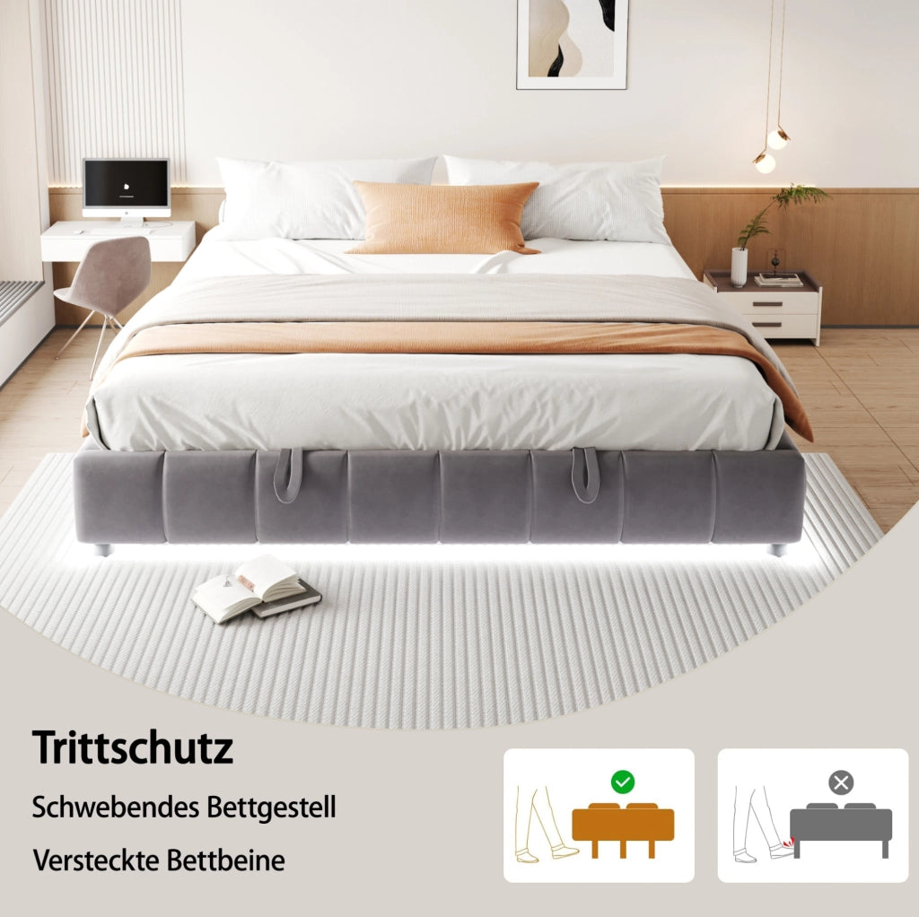 Letto imbottito 180x200 cm grigio con LED e contenitore