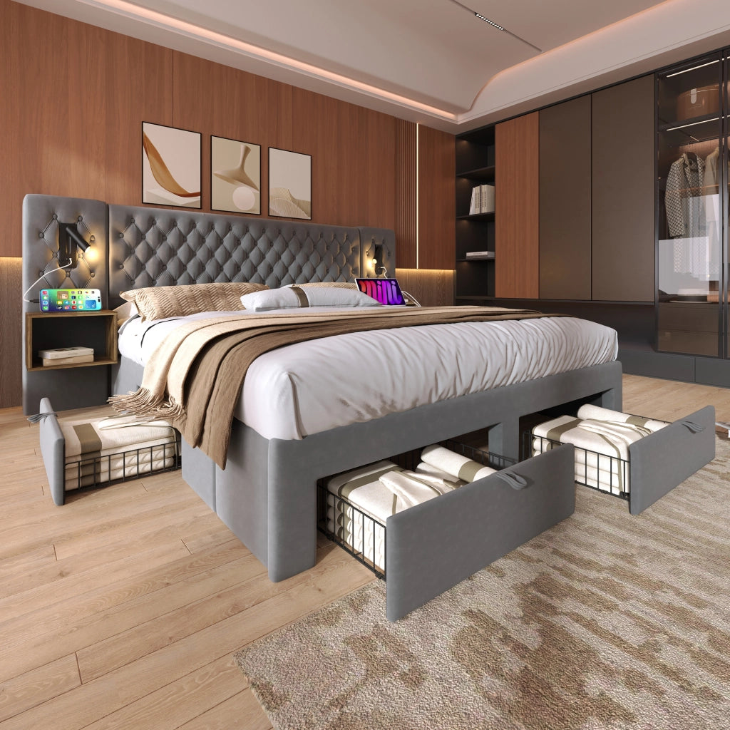 LETTO Matrimoniale 180x200 cm in Velluto Grigio con 2 Comodini e 4 Cassetti