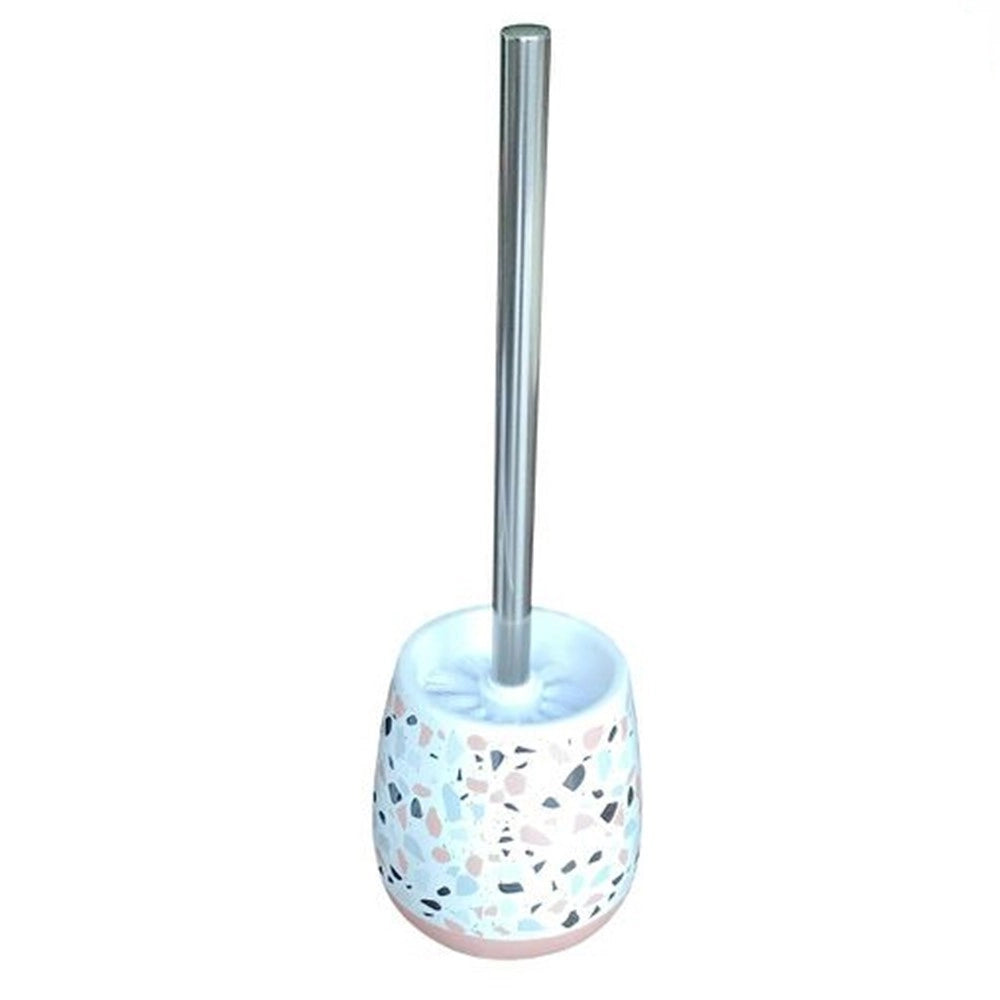 Trade Shop - Portascopino Bagno Graniglia Bianco Multicolore Con Base Rosa Con Scopino 59878 -