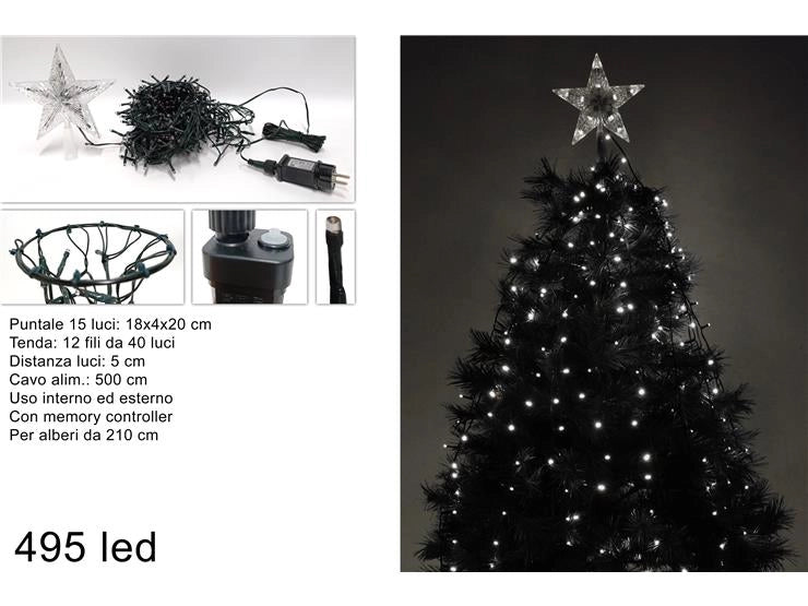 Tenda Albero di Natale Minilucciole 495 Led con Puntale Bianco Freddo