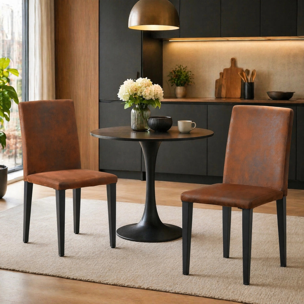 Set di 2 sedie da pranzo moderne in tessuto marrone e metallo nero; 90 cm