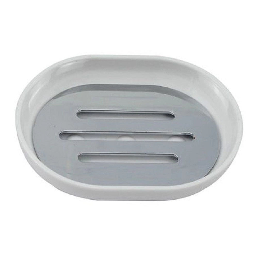 Trade Shop - Piattino Porta Sapone Saponetta Bianco Silver Accessori Bagno 12.5x9.5 Cm 69464 -