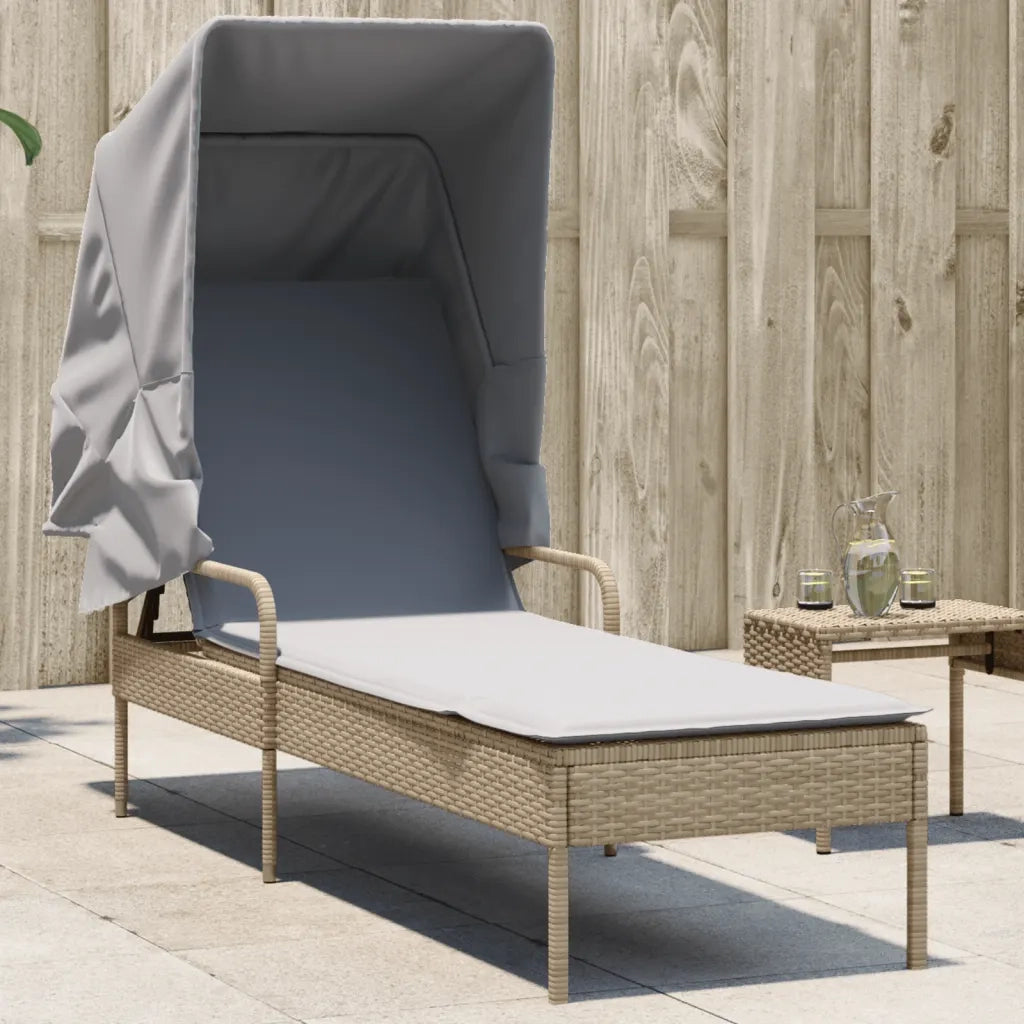 Lettino Prendisole | Sdraio da giardino | Lettino da sole con Baldacchino Beige in Polyrattan