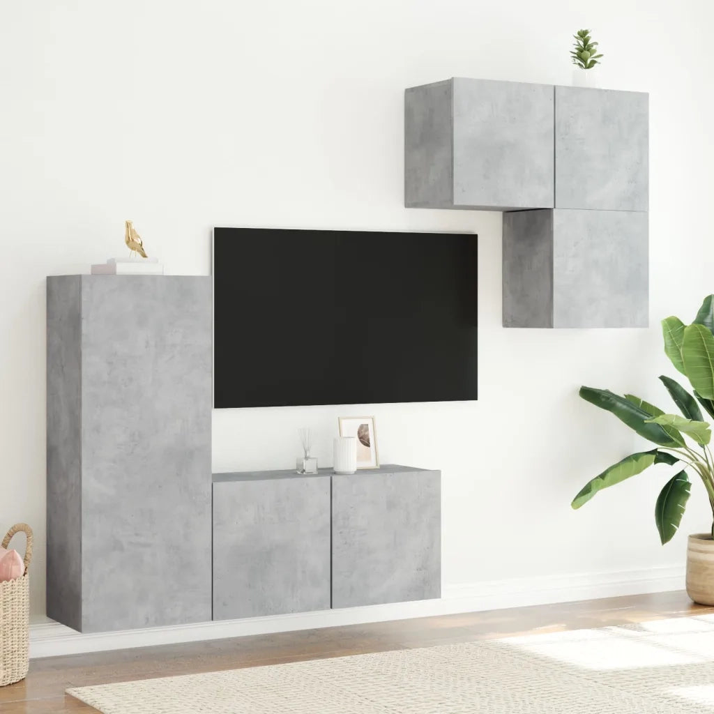 Mobili TV a Muro con LED 4 pz-Credenza per TV sospesa Grigio Cemento Legno Multistrato 571129