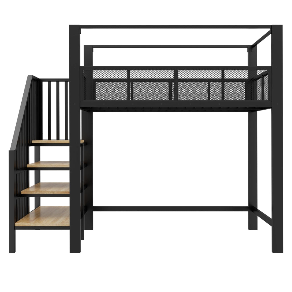 Letto a soppalco 90x200 cm con scala e baldacchino in metallo nero