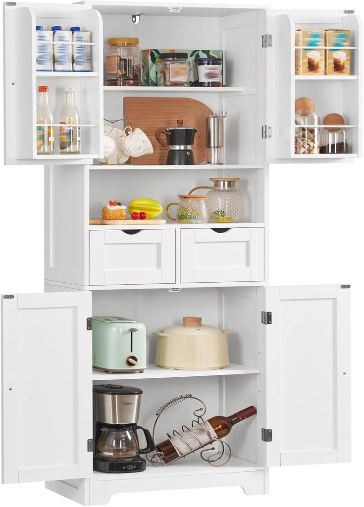 Mobile Dispensa Cucina larghezza 60 cm, Armadio 4 Ante altezza 130 cm con Ripiani Regolabili e Portaspezie Integrata, Credenza Alta per Cucina, Soggiorno, Bianco