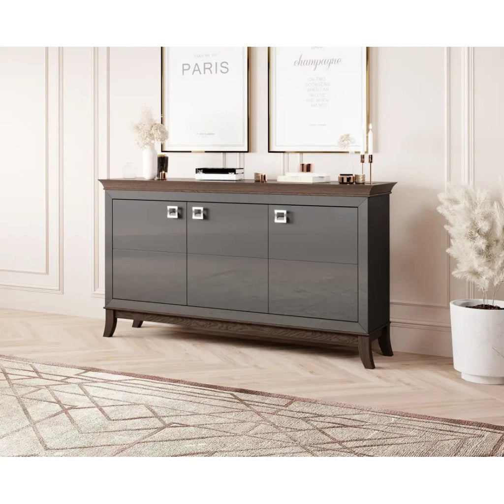 Buffet design 160cm per soggiorno colore grigio e rovere scuro, collezione PALACE.
