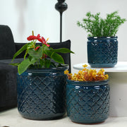 Set di 3 vasi in ceramica smaltata blu petrolio con rilievo diamantato, drenaggio e uso interno/esterno