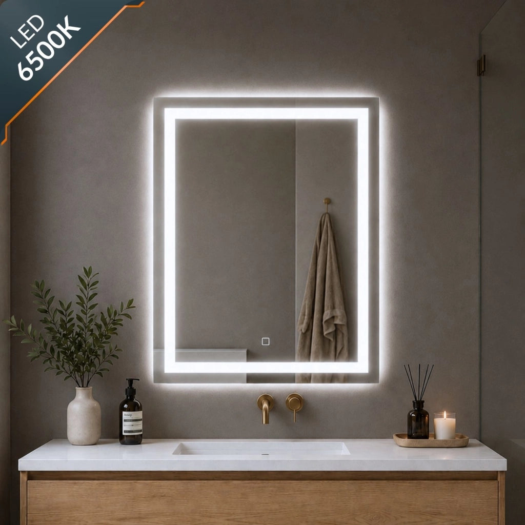 Specchio da bagno ed ambienti rettangolare con cornice led e interruttore touch *** misure 70x90 cm, tonalità standa...