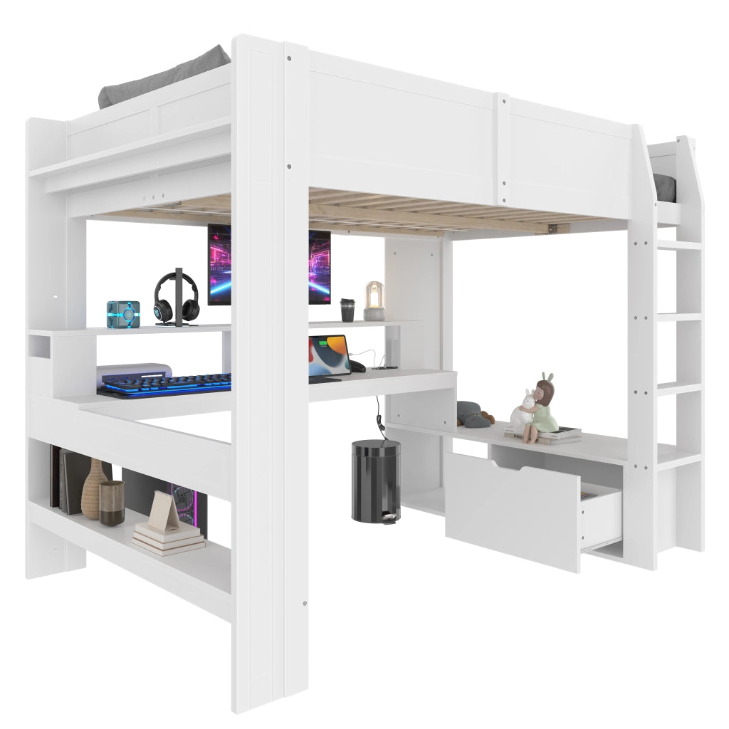 Hochbett bianco con scrivania funzione gaming in pino 140x200 cm