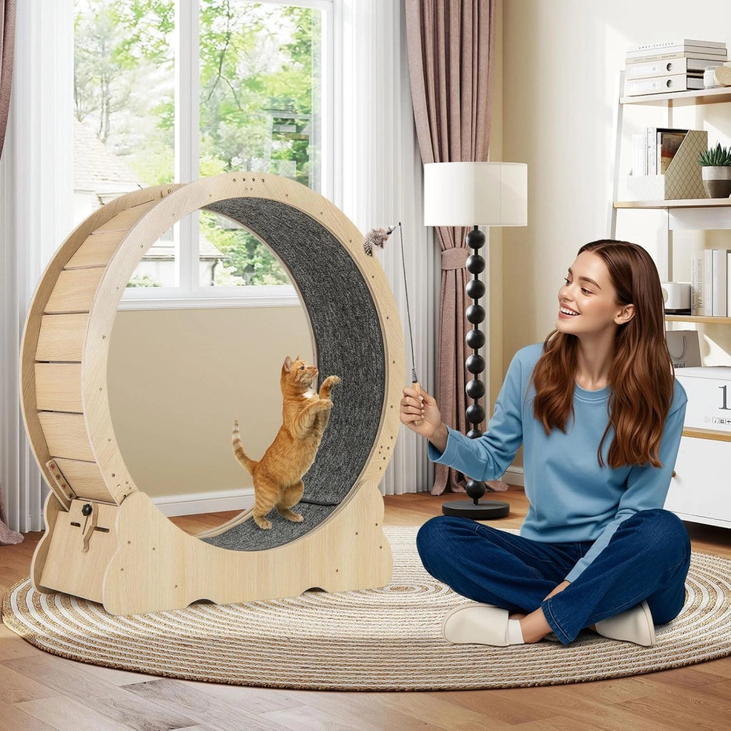Ruota per Esercizio per Gatti da Interno 101 cm, Tapis Roulant per Gatti con Meccanismo di Blocco, Corsa con Moquette Rimovibile, Ruota di Allenamento in Legno a Rumore Ultra Basso