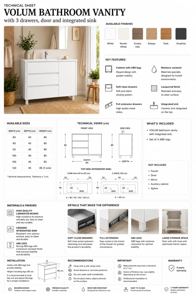 Mobile bagno con 3 cassetti, anta e lavabo ORIGENBATH VOLUM senza specchio 90x40 cm frassino tea