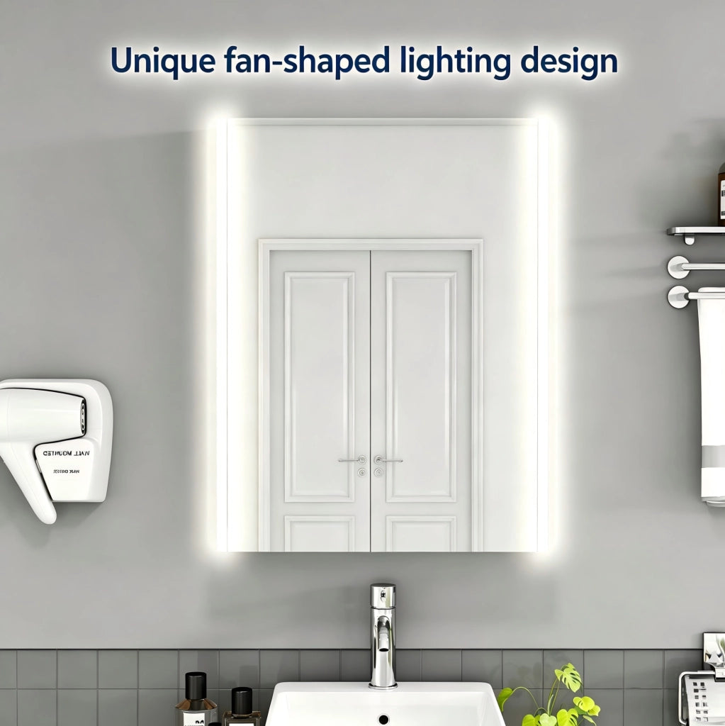 Mobile bagno con specchio ULEVR 57x20x74 cm a parete, 1 anta, LED laterali e presa francese, bianco