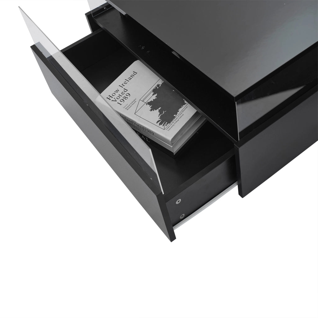 Tavolino da caffè 70x70x41 cm; LED regolabile via app con 2 cassetti; pannello lucido; truciolato nero