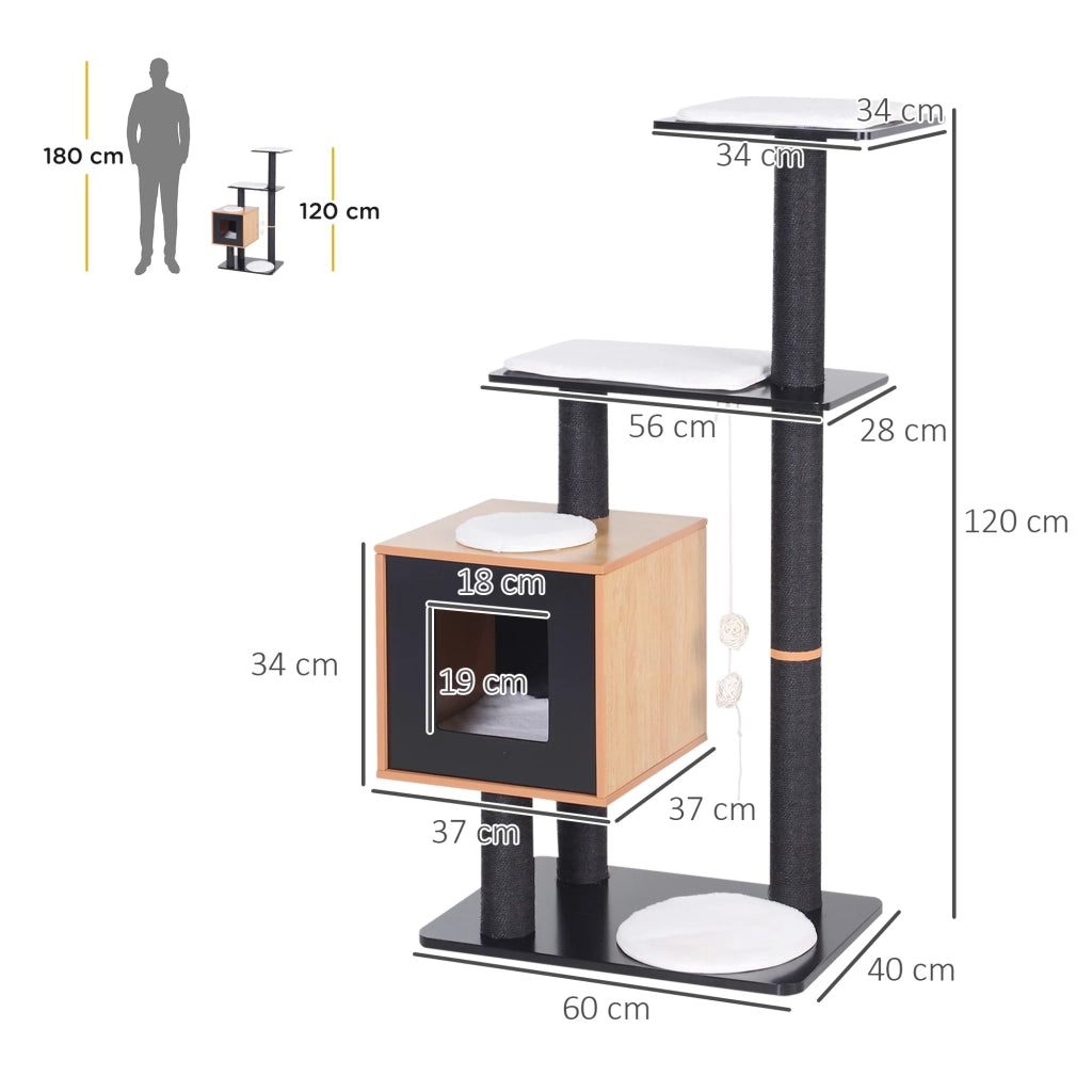 Albero gatto centro attività 71.5 x 49.5 x 120 cm con tiragraffi e cuccia pratica design contemporaneo in MDF nero 21_0007626