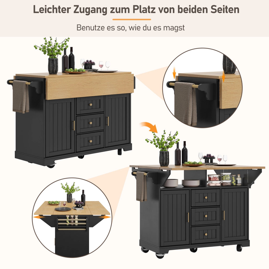 ISOLA CUCINA 120x40x95 cm MDF Nero con 3 Cassetti e Ruote
