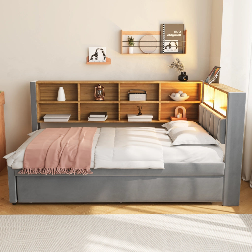 OKWISH Letto Divano Estraibile 90×200 cm, Letto 2 Posti con LED, USB, Tipo C e Prese, Scomparti, senza Materasso, Flanella, Grigio Scuro