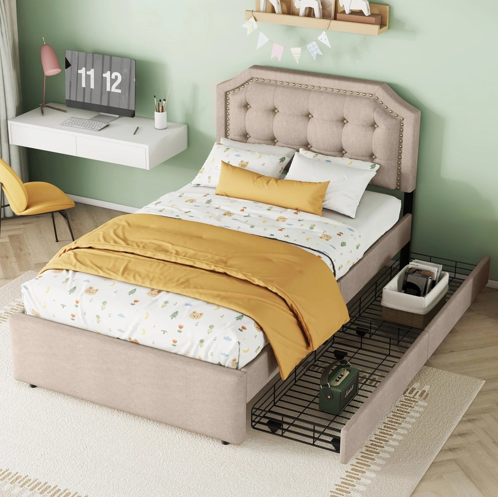 Letto imbottito 90x200 cm con 2 cassetti; testiera regolabile; in MDF e tessuto lino beige scuro