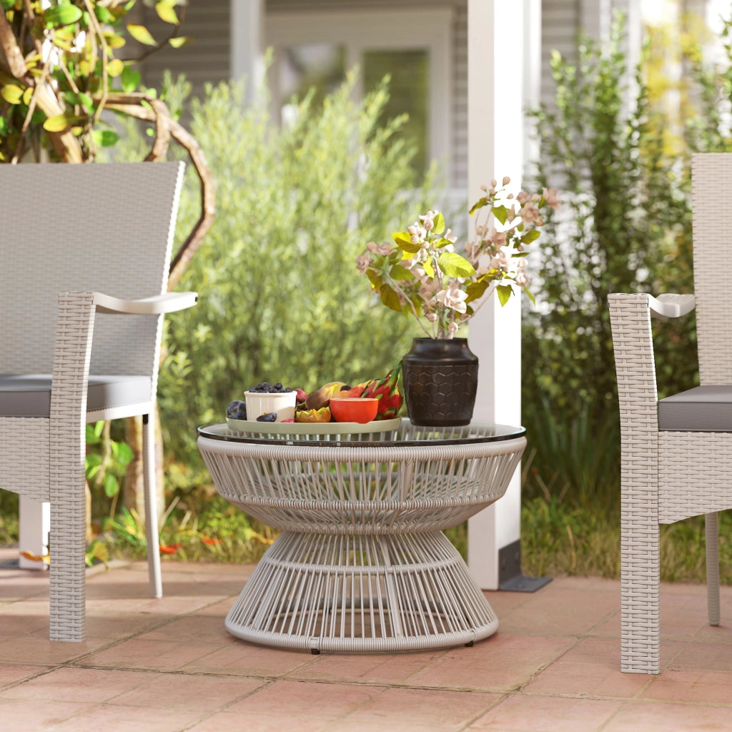 Tavolino da giardino rotondo ¨C zephmum ¨C in resina effetto rattan con piano in vetro temperato ?60x37 cm