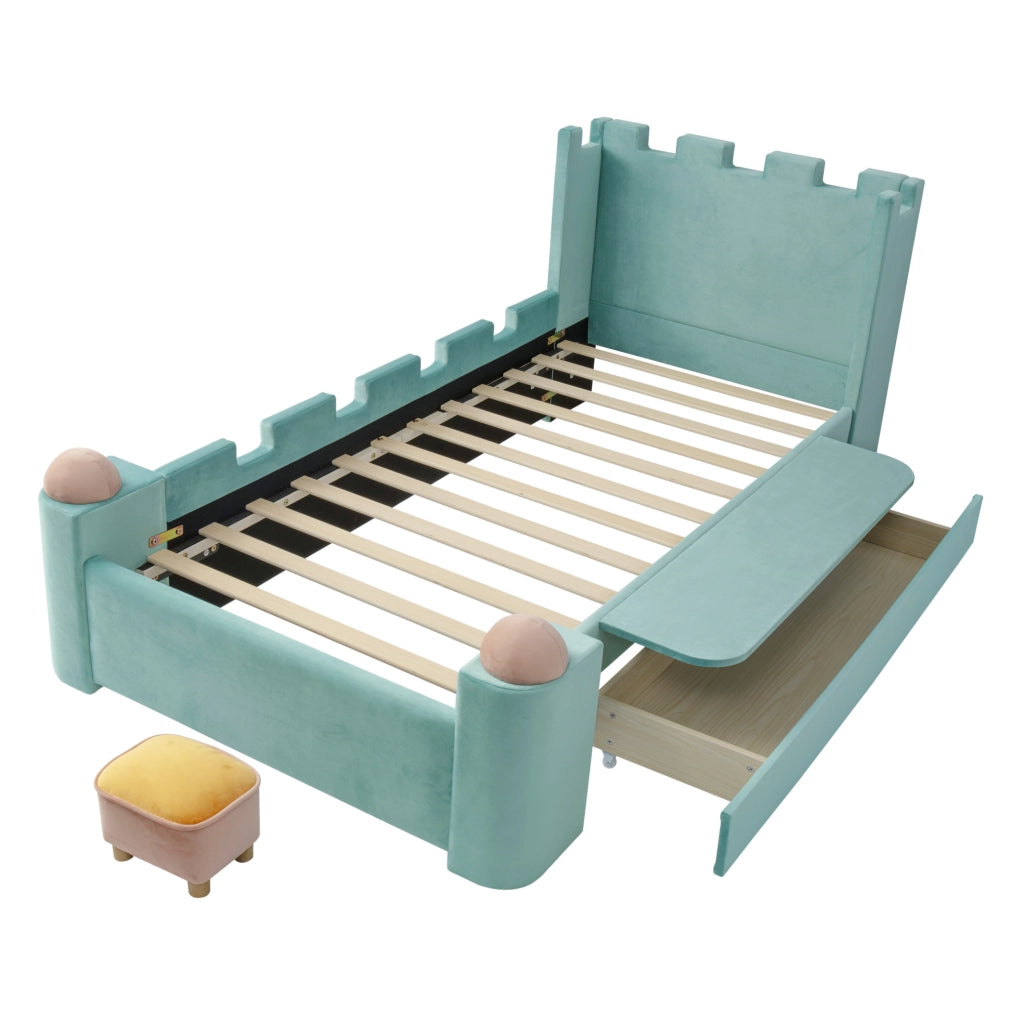 Letto imbottito 90x200 cm con mensola pieghevole e cassetto contenitore in velluto blu verde