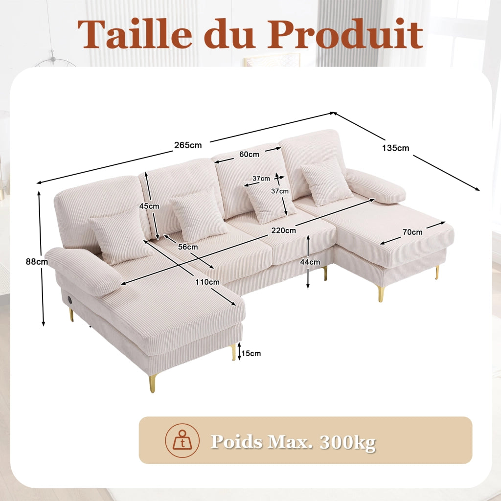 Divano a U con LED Integrato e Porta USB; Schienale Ergonomico e Seduta Profonda in Velluto Beige