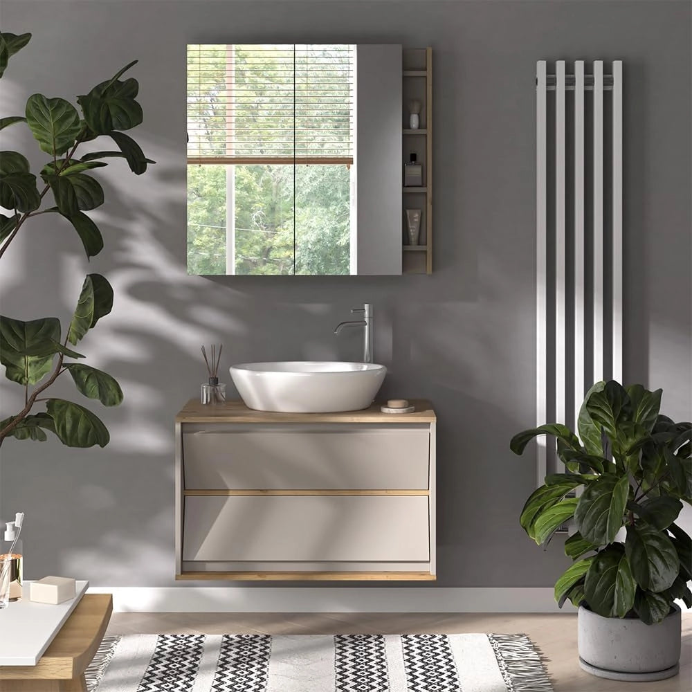 Mobile sottolavabo per bagno Edelin, Cachemire, 80 x 50 cm con 2 cassetti, per montaggio a parete e compatibile con sifoni standard