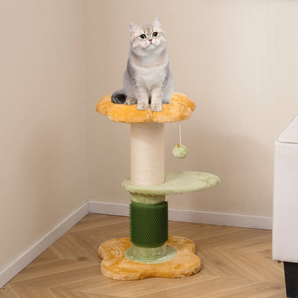 Albero per gatti 69 cm a forma di fiore con piedistallo imbottito in pile, Albero per gatti tiragraffi in sisal pallina appesa -Alberi Tiragraffi