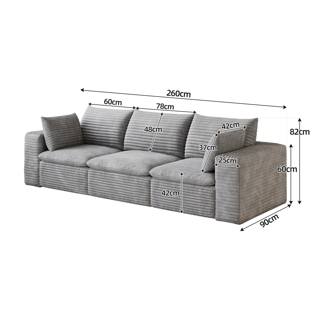 Divano Cloud 260 cm in Velluto a Coste ¨C MINIMAL ¨C Grigio Scuro, Imbottito, Senza Montaggio