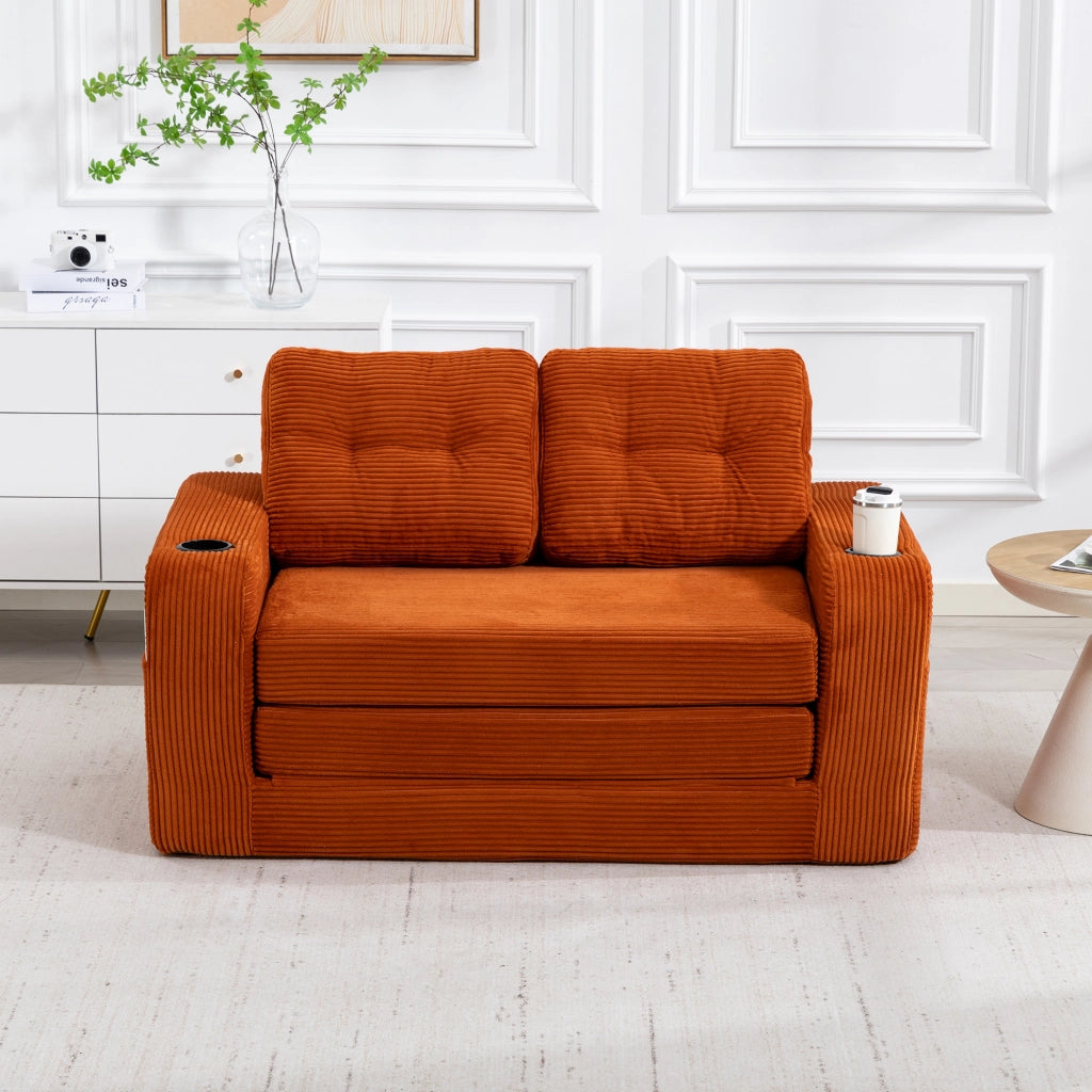 Divano modulare a due posti in velluto a coste con braccioli portabicchieri e tasche laterali arancione 136 × 80 × 82,5 cm
