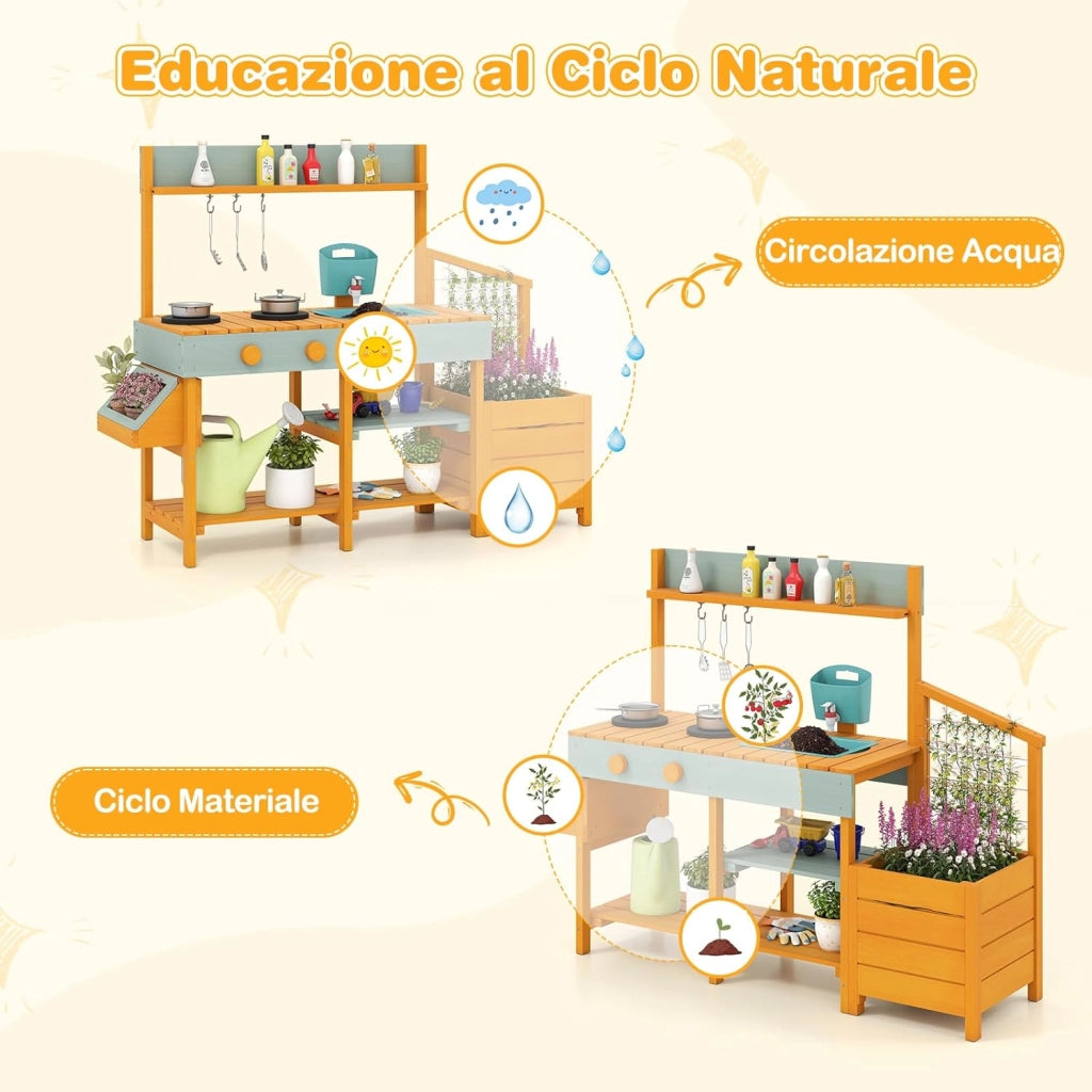 Cucina da Esterno in Legno per Bambini, Cucina da Gioco con Cassettiera per Piante, Lavandino Rimovibile, Rubinetto, Fornelli e Accessori, per Bambini 3-8 Anni (Verde Chiaro + Giallo)