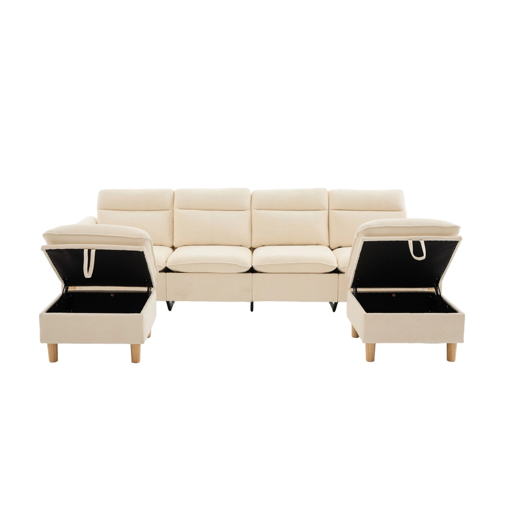 Divano modulare 4 posti 261x77x86 cm con 2 pouf contenitore in ciniglia beige