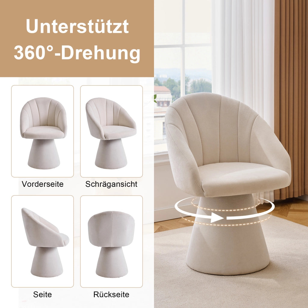 Chaise girevole 360° in tessuto chenille con schienale ergonomico, braccioli integrati e base stabile in legno beige