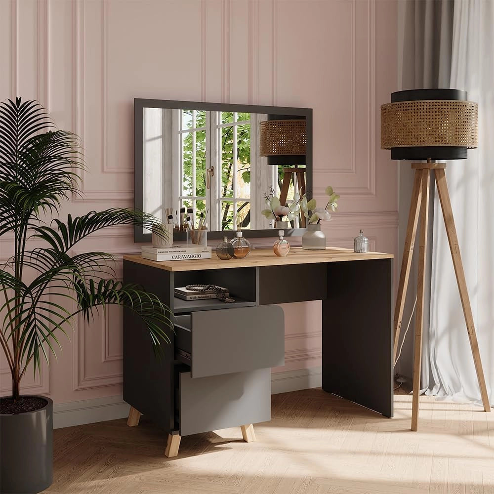 Tavolo da toilette Karen, Antracite/Artisan, 110 cm con cassetti, Materiali robusti per un utilizzo duraturo