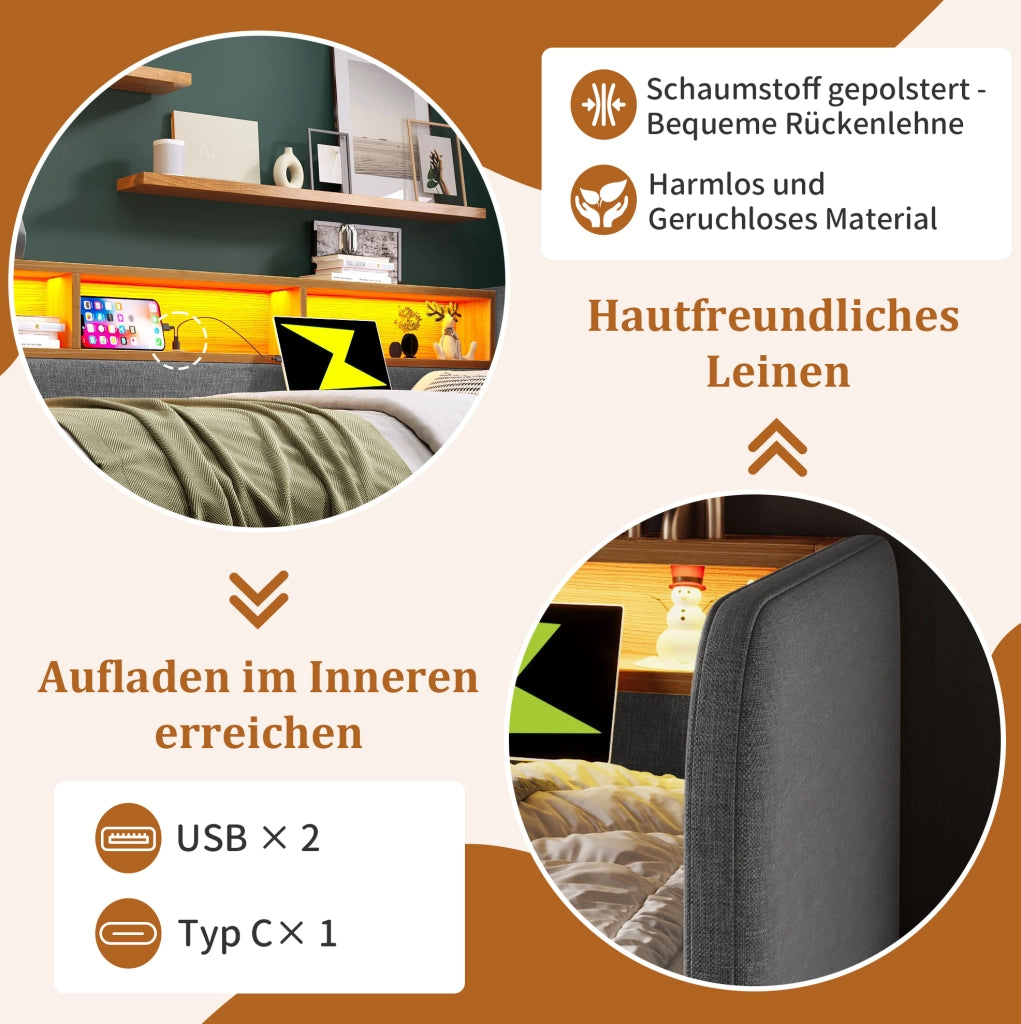 Letto imbottito 140x190 cm con LED, USB-C e 2 cassetti