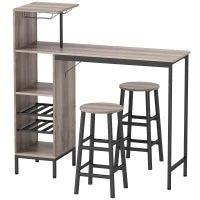 Set tavolo da bar 3 pezzi con ripiani, portabottiglie, portabicchieri e 2 sgabelli con poggiapiedi, Grigio