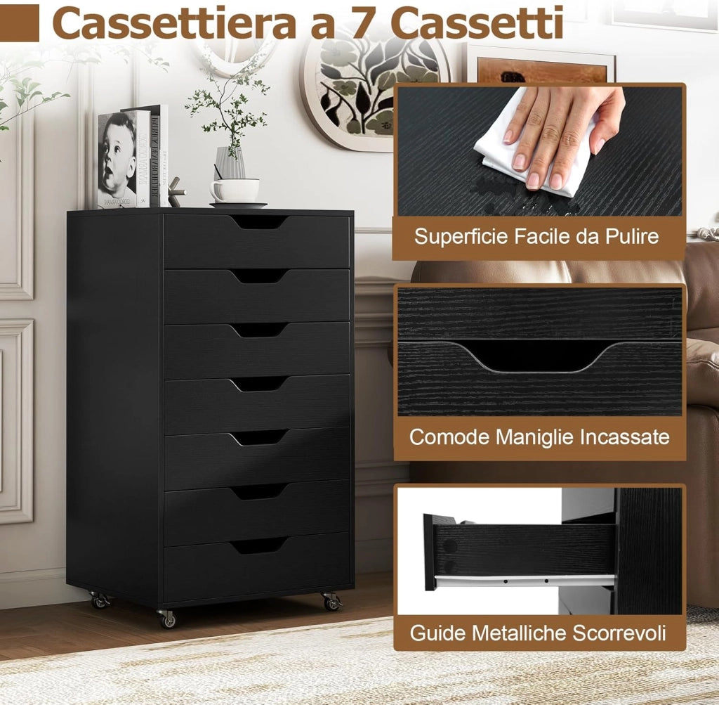 Cassettiera da Ufficio con 7 Cassetti, Mobiletto per Documenti con 4 Ruote Girevoli, Cassettiera da Scrivania in Legno per Ufficio e Soggiorno, 49 x 40 x 87 cm (Nero)