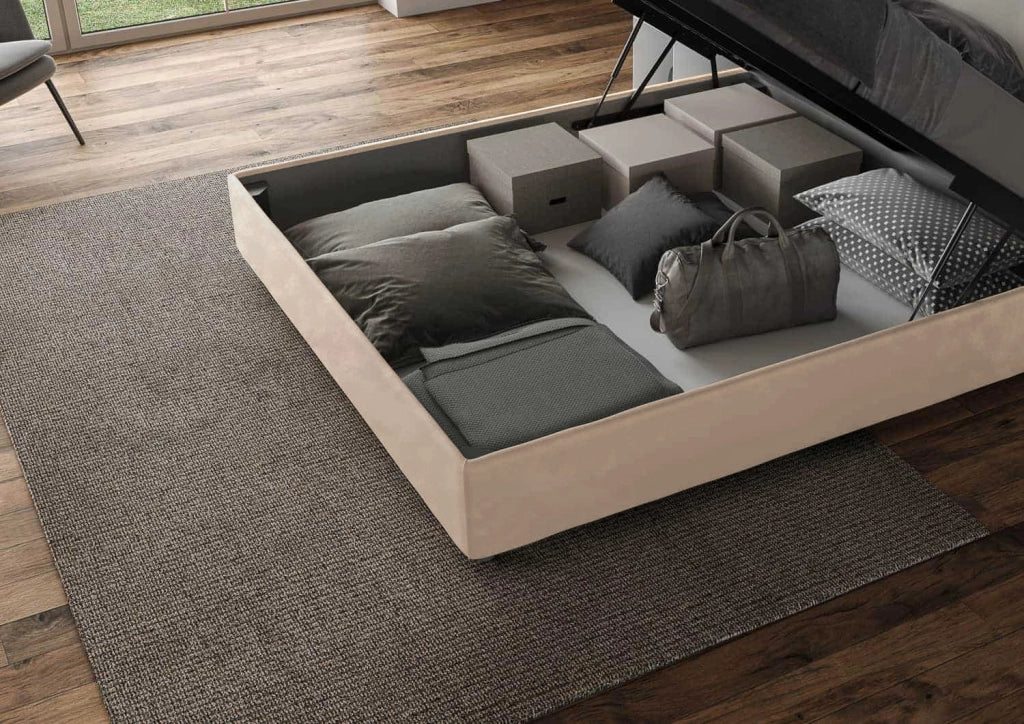 Letto Matrimoniale King Size 200x210 cm con Rete e Contenitore Imbottito in Microfibra Agueda Sabbia