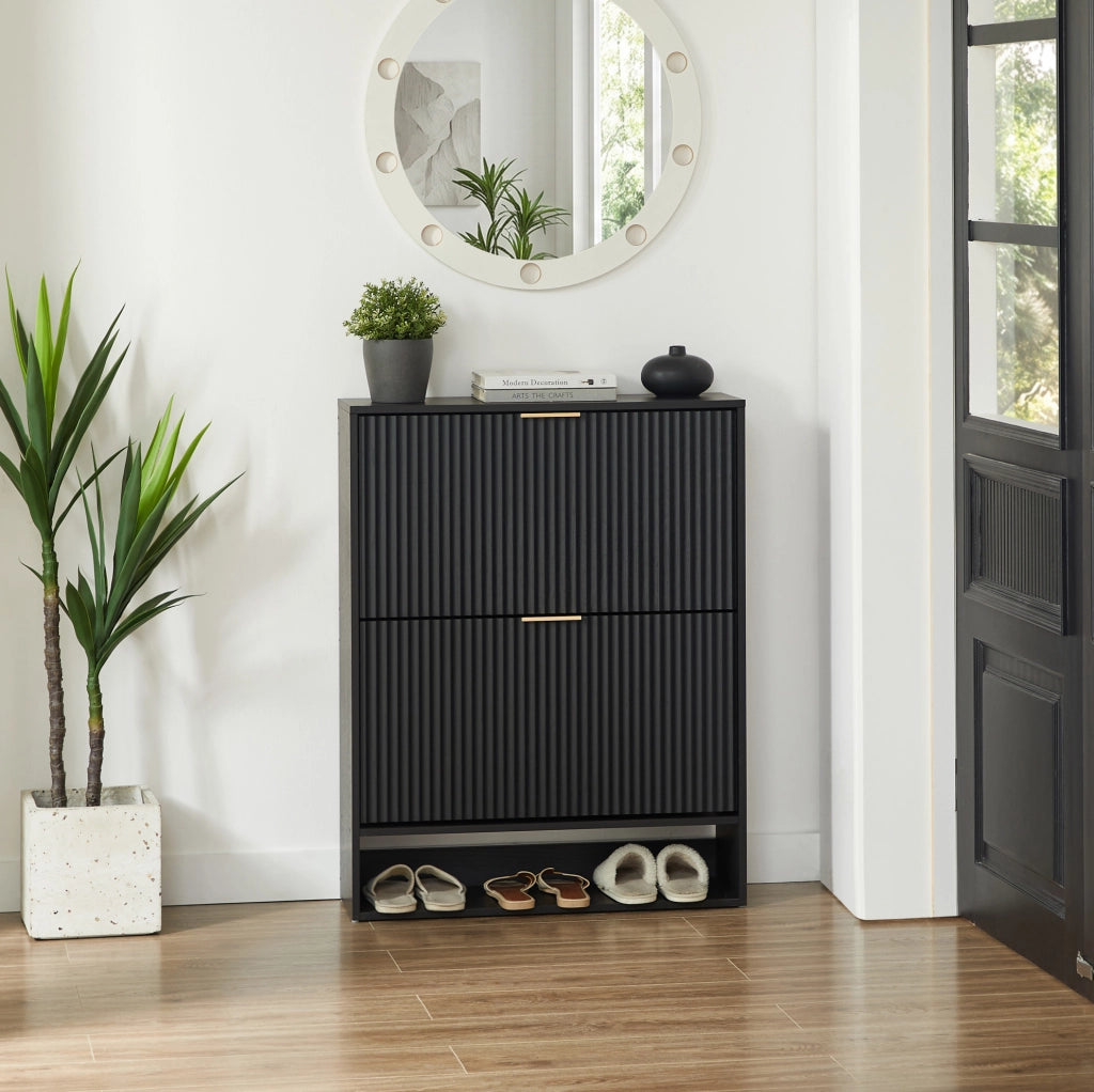 Scarpiera 80x24x102 cm in MDF nero con frontale scanalato， per ingresso